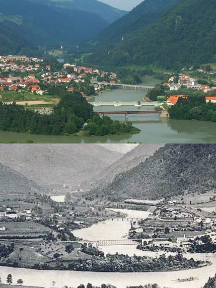 Primerjava z znane točke nad Dobravo. Originalni (1880) most (spodaj) s starim mostom zadaj. Proti Mariboru pravkar pelje vlak. Zgoraj je že novi železniški most, zgrajen 1942, elektrarna in 1972 zrajeni novi most. Fotografija odlično pokaže, koliko se je dvignila Drava po elektrarni.